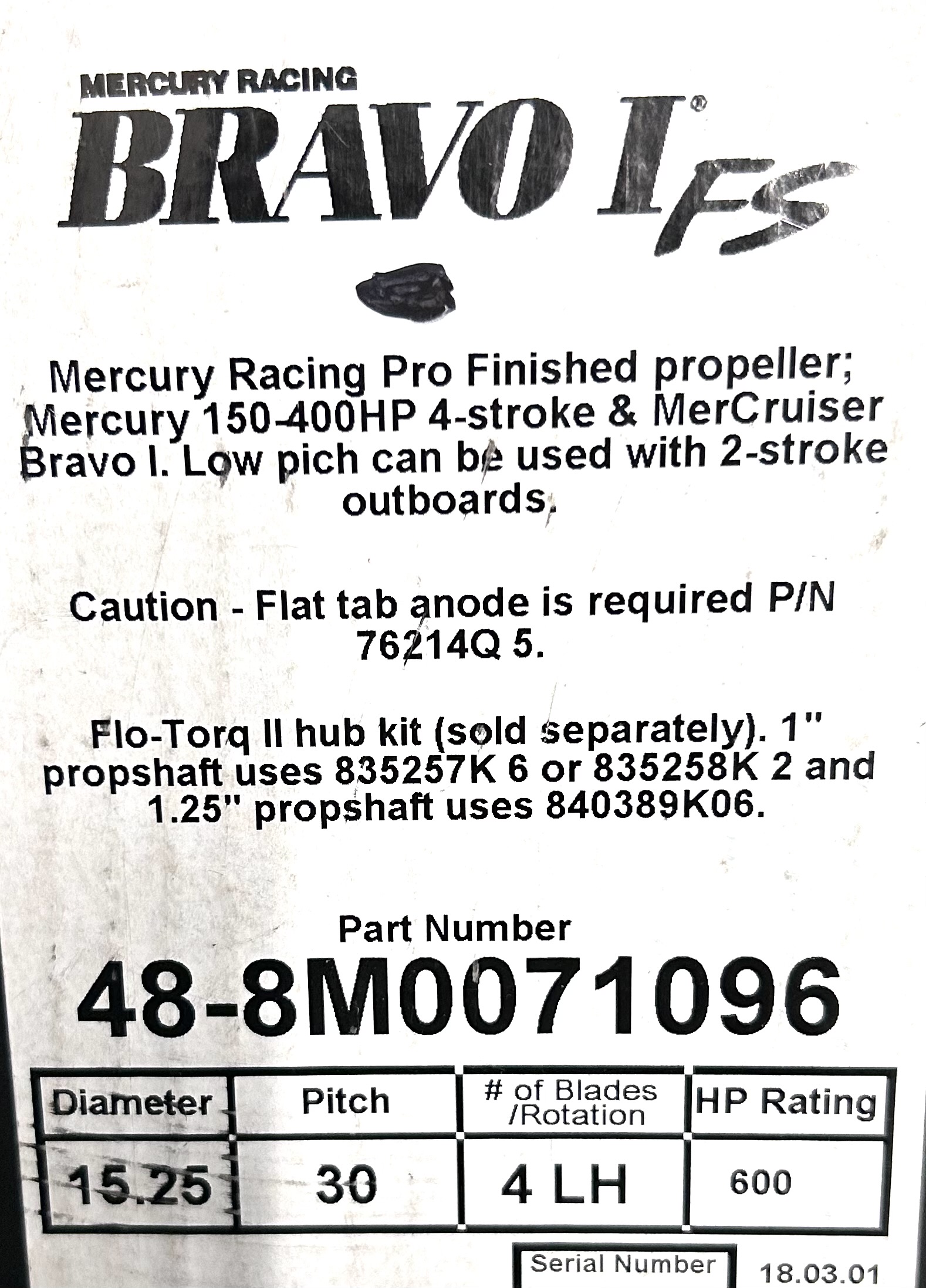 Hélice Marine Mercury Bravo I Racing 15,25 X 30 Pas 4 Pales OEM 48-831918L65