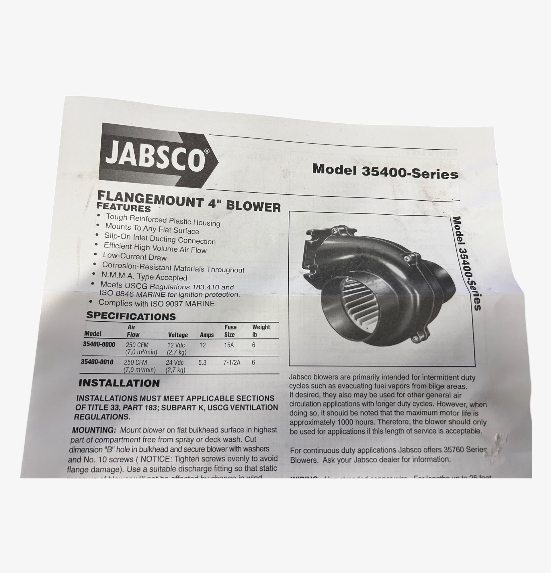 Jabsco, 4 Blower, Flex Mount, 250 cfm, 35440 Series