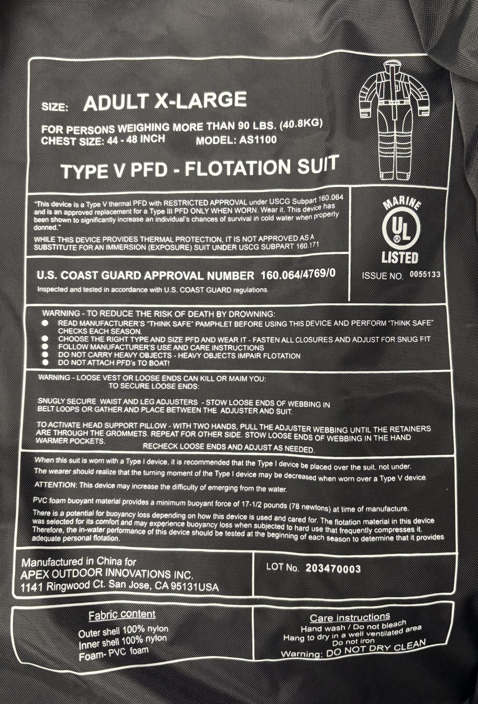 Red Pfd FirstWatch AS-1100 Type V PFD Anti-Exposure Flotation Suit Adult XL Red ...